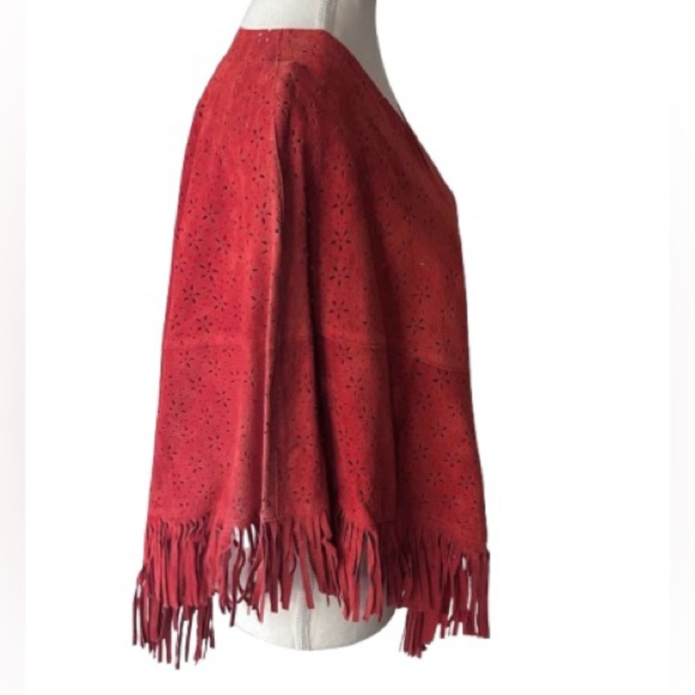 Vintage Suede Fringe Cape Orange Coral Cut Out Leather Shawl Jacket Boho Retro - Picture 6 of 12